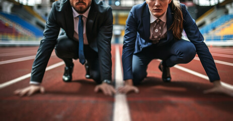 Obraz premium Businessman and businesswoman in starting positions on the track, ready to start the race,