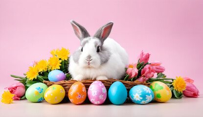Easter painted eggs and rabbit on pink