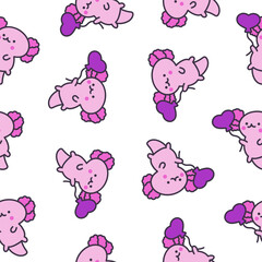 Cute kawaii baby axolotl. Seamless pattern. Cartoon funny animals character. Hand drawn style. Vector drawing. Design ornaments.