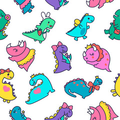 Funny cute girls dinosaurs. Seamless pattern. Kawaii baby dino princess character. Hand drawn style. Vector drawing. Design ornaments.