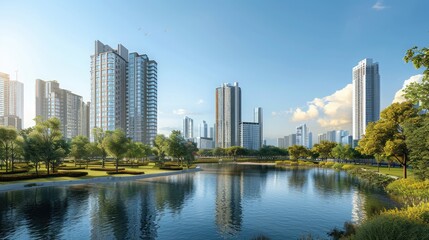 Contemporary and classic architecture, serene river, and green parks in a modern urban landscape. 3D cityscape landscape