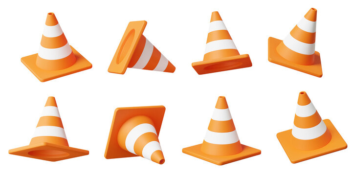 Set of orange traffic cones icon on isolated png transparent background. construction barrier, transportation, safety accident prevention concept. 3d render illustration