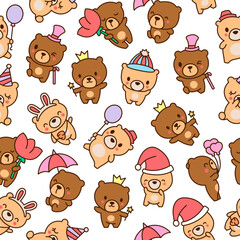 Cute kawaii teddy bear. Seamless pattern. Cartoon funny animals character. Hand drawn style. Vector drawing. Design ornaments.