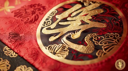 Luxurious red and gold embroidered fabric featuring traditional chinese symbols, including an elegant snake. perfect for chinese 2025 new year decorations, festive events, and elegant design projects.