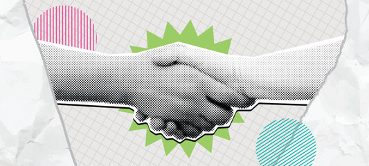 Halftone handshake collage. Win win deal, mixed media shaking hands symbolizing agreement, partnership and cooperation vector illustration.