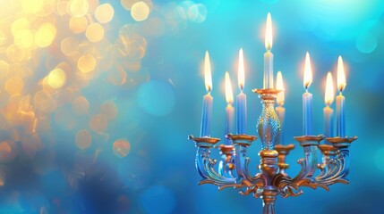 Fototapeta premium Menorah with lit candles against a warm bokeh background, symbolizing the hanukkah celebration. ideal for holidaythemed designs, posters, and greeting cards.