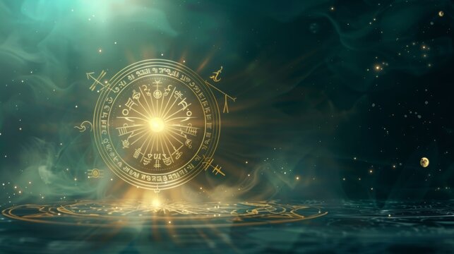 Vibrant astrological clock illuminated in ethereal light, surrounded by mystical symbols and celestial bodies, creating an enchanting and magical atmosphere suitable for fantasy and astrology themes.