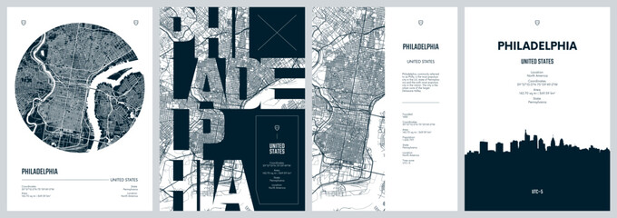 Set of travel posters with Philadelphia, detailed urban street plan city map, Silhouette city skyline, vector artwork