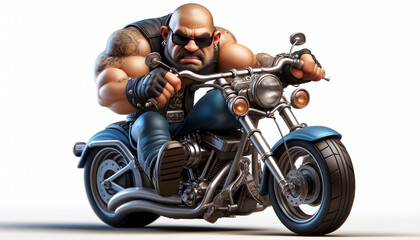 3D cartoon: Exaggerated biker with shaved head, sunglasses, on motorcycle. 3D illustration: Imposing biker with shaved head, sunglasses, riding motorcycle