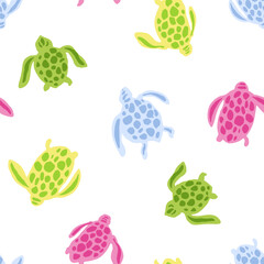 Coastal seamless vector repeat pattern with simple tonal color sea turtle silhouettes on white background in pink, yellow, green and blue. Beach, swim, poolside, kids, boys, gender neutral backdrop
