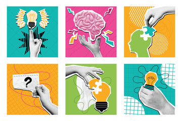 Halftone collage creative idea. Mixed media idea generation composition, pop art brain and problem solving solution concept vector illustration set.
