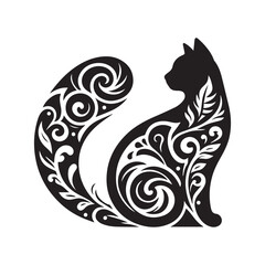 Floral With Cat Vector Art Illustration