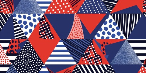 Fototapeta premium Blue and red geometric pattern with white triangles, stripes, dots, lines, abstract background Generative AI