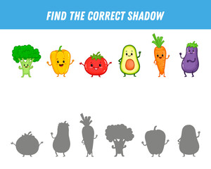 Find correct shadow of vegetables. Educational logical game for kids. Cartoon funny vegetables. Broccoli.pepper, tomato, avocado, carrot, eggplant.