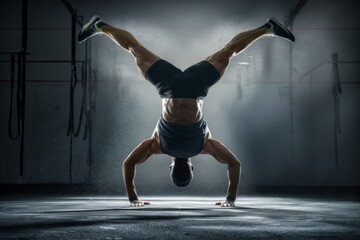 A man doing a handstand in the dark with his shirt off, AI