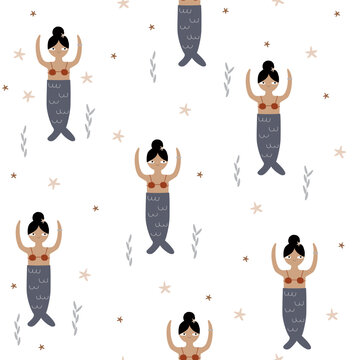 Seamless pattern with cartoon funny mermaid. Vector hand drawn illustration.