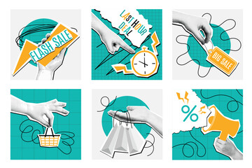 Halftone sale collage. Mixed media flash sale, last hour deal and discount announcement banners with pop art hand vector set.