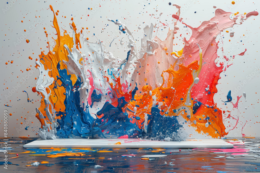 Poster a burst of colorful paint splatters on a white canvas. concept of creative expression and spontaneit