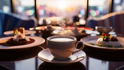 A cup of coffee on a table with plates and silverware, AI