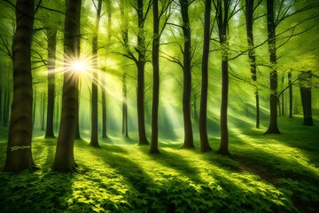 spring forest - fresh leaves and sun rays