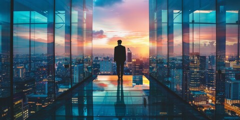Fototapeta premium A Solitary Figure Contemplates the Cityscape at Sunset