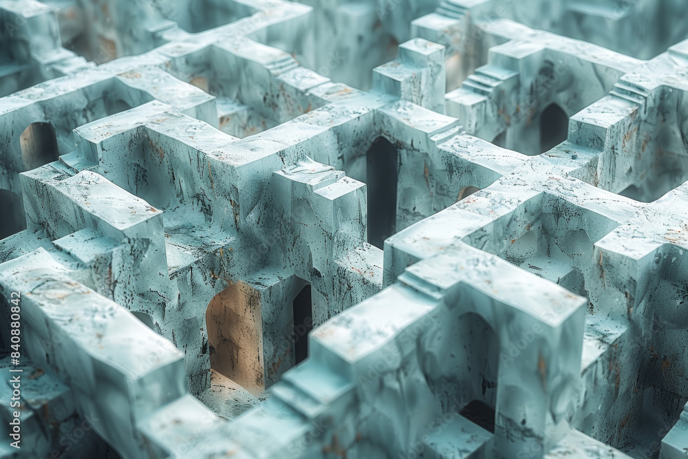 Poster complex maze-like structures intertwined. concept of challenge and exploration. generative ai.