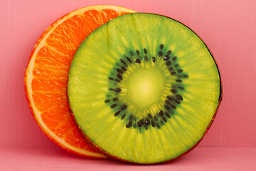 Halved orange and a halved kiwi pillows placed side by side against a pink background.