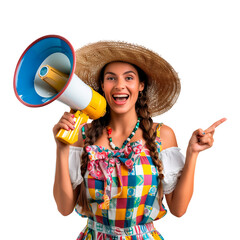 smiling woman dressed in June party with megaphone