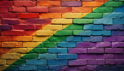 Fototapeta premium brick wall painted in the colors of the lgbt flag and rainbow, abstract texture background wallpaper for presentation close up full screen, queer lgbtq pride month