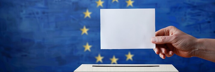 Hand voting in european union ballot box panoramic banner