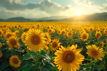 Obraz premium A field of sunflowers facing the sun. Concept of agricultural landscapes and natural harmony. Generative Ai.