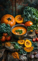 Rustic Autumnal Soup With Kale and Carrot Slices on Wooden Table