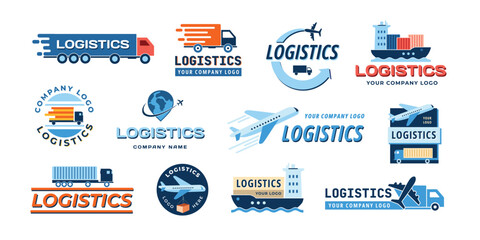 Logistics emblem. Transportation company icons with truck, airplane, ship and container icons for freight and cargo services vector set.