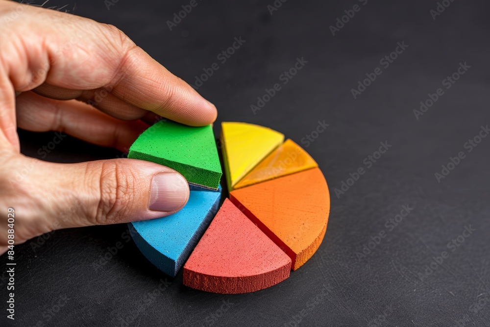 Aufkleber hand interacting with a colorful pie chart segment, representing business data analysis, market rese
