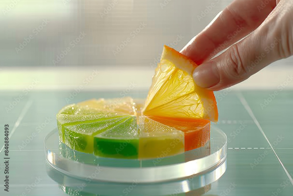 Poster Hand picking a citrus slice from a colorful pie chart, merging business data analysis with a fresh, creative approach, illustrating market research and financial statistics, Generativ AI