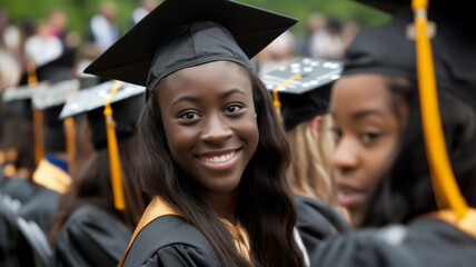 Smiling graduate in cap and gown, surrounded by fellow graduates during a commencement ceremony.