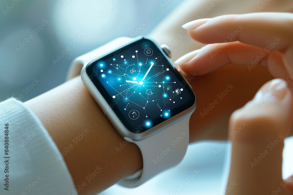 Aufkleber Smartwatch displaying a futuristic digital interface with health and fitness data, highlighting the innovative technology and sleek design of modern wearable devices, Generativ AI