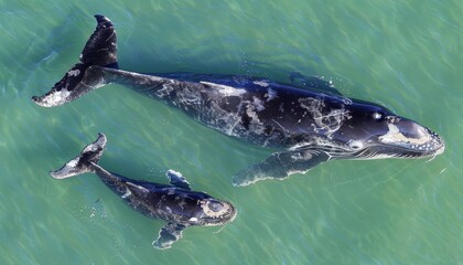 Naklejka premium Majestic whale and its adorable calf swimming gracefully in the vast expanse of the ocean