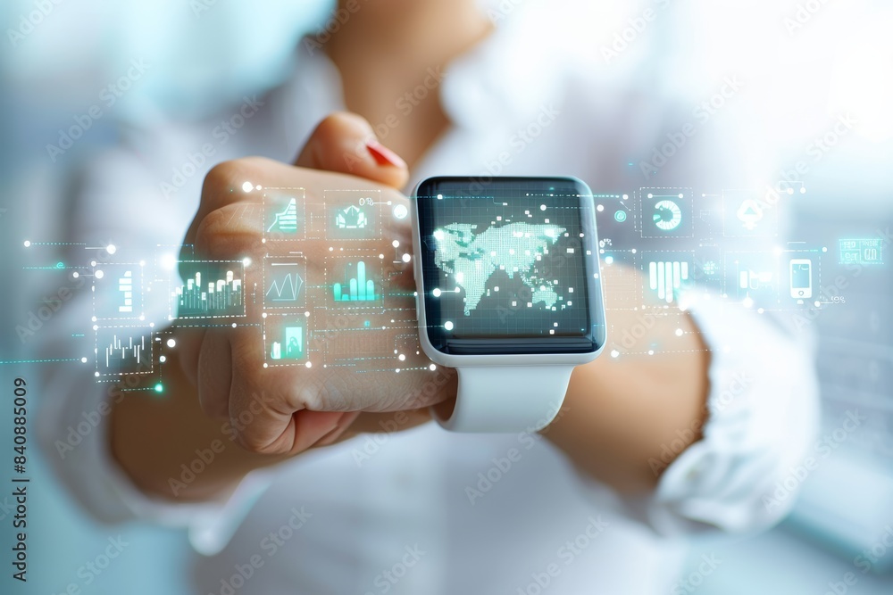 Poster Smartwatch with augmented reality interface displaying health and fitness data, exemplifying the cutting-edge technology and interactive capabilities of modern wearable devices, Gererativ AI