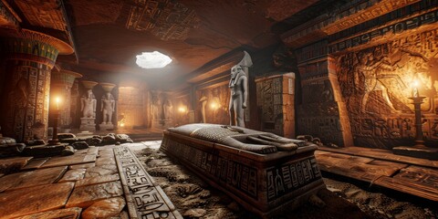 Sunlight streaming into an ancient Egyptian tomb, illuminating the sarcophagus and hieroglyphics, capturing the mystical and historic atmosphere of a pharaonic burial chamber, Generativ AI
