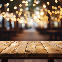 Wood table against bokeh background.
