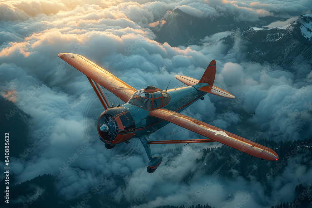 Poster a pilot soaring through the clouds in a small plane. concept of adventure and freedom. generative ai