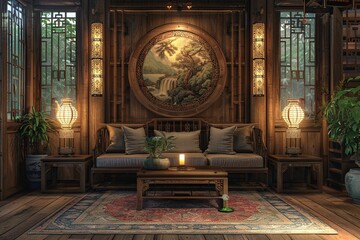 Obraz premium This image features a classic Asian-inspired living room adorned with exquisite antique wooden furniture, creating a timeless and elegant atmosphere that reflects cultural heritage.