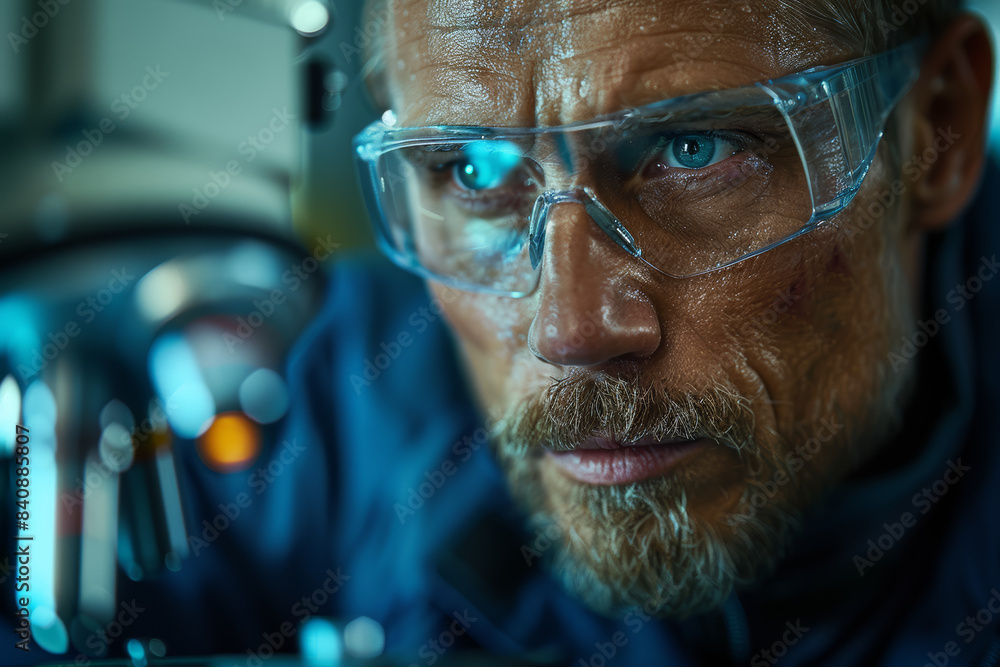 Poster a scientist examining a slide under a microscope. concept of curiosity and discovery. generative ai.