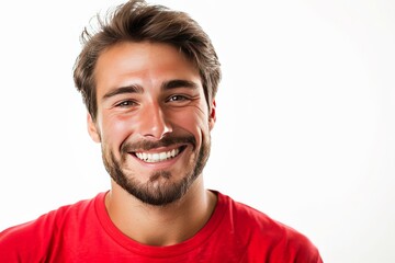 Obraz premium Happy man exhibiting a big grin and a carefree demeanor in casual red clothing