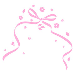 Ribbon with bow and flowers. Beautiful decorative natural plants and leaves.