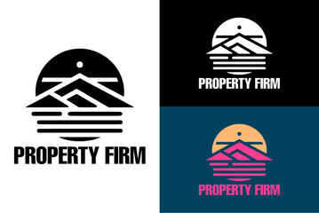 house roofing sun moon retro design vector property firm house rental builder construction logo silhouette