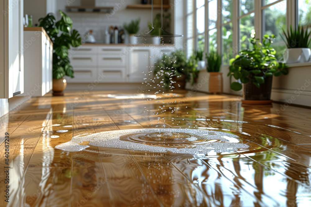 Poster mop gliding across gleaming hardwood floors in a spacious kitchen. concept of maintaining a neat and