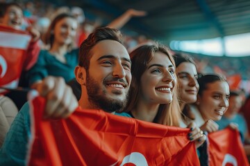 Fototapeta premium Energetic young fans displaying Turkish flags cheer at a sports event
