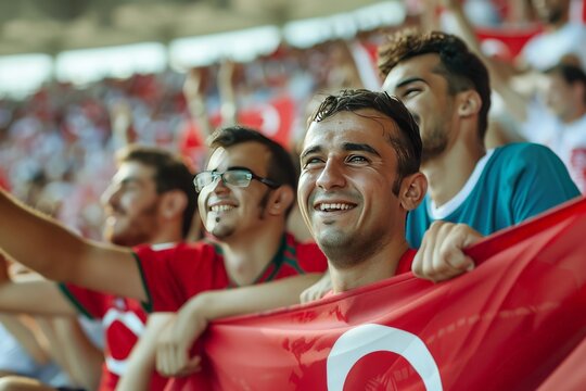 Football enthusiasts proudly holding a Portuguese flag while cheering in the stadium